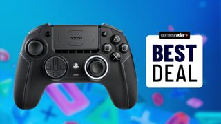 A black Nacon Revolution 5 Pro on top of a blurred PlayStation background with a Best Deal stamp over the top of it